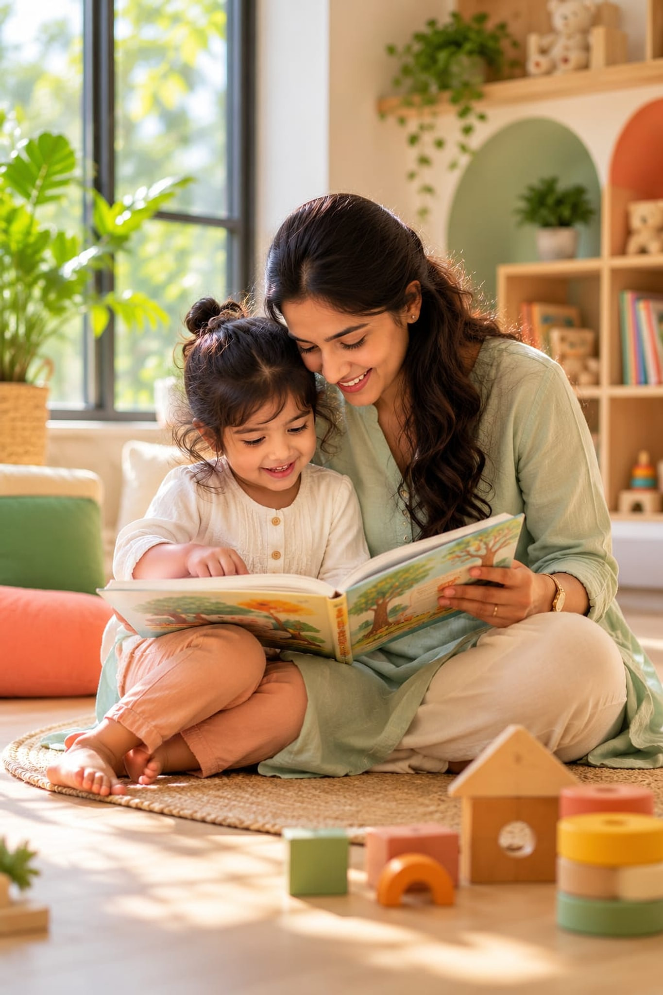 A parent and child reading a picture book together on a sunlit floor.