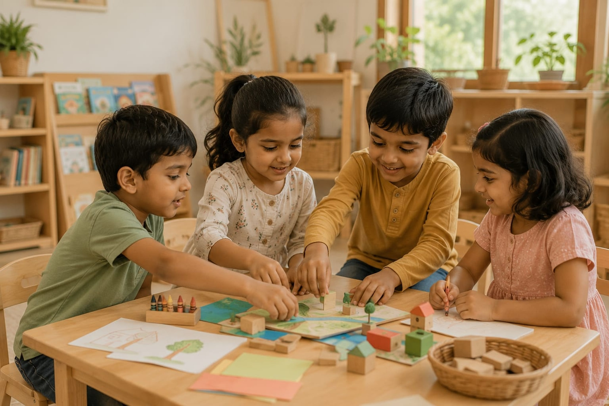 Children working together at a project table.