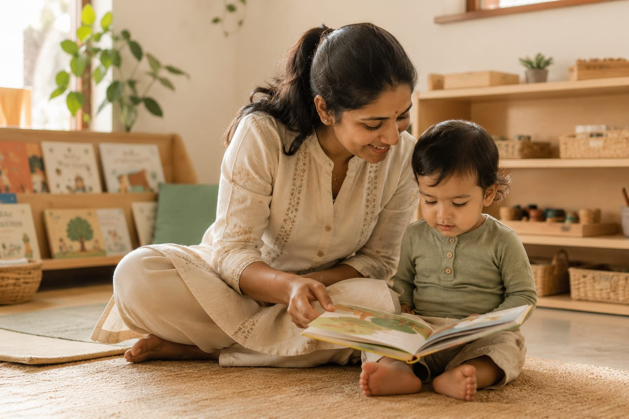 A child and adult reading together on a sunlit floor.