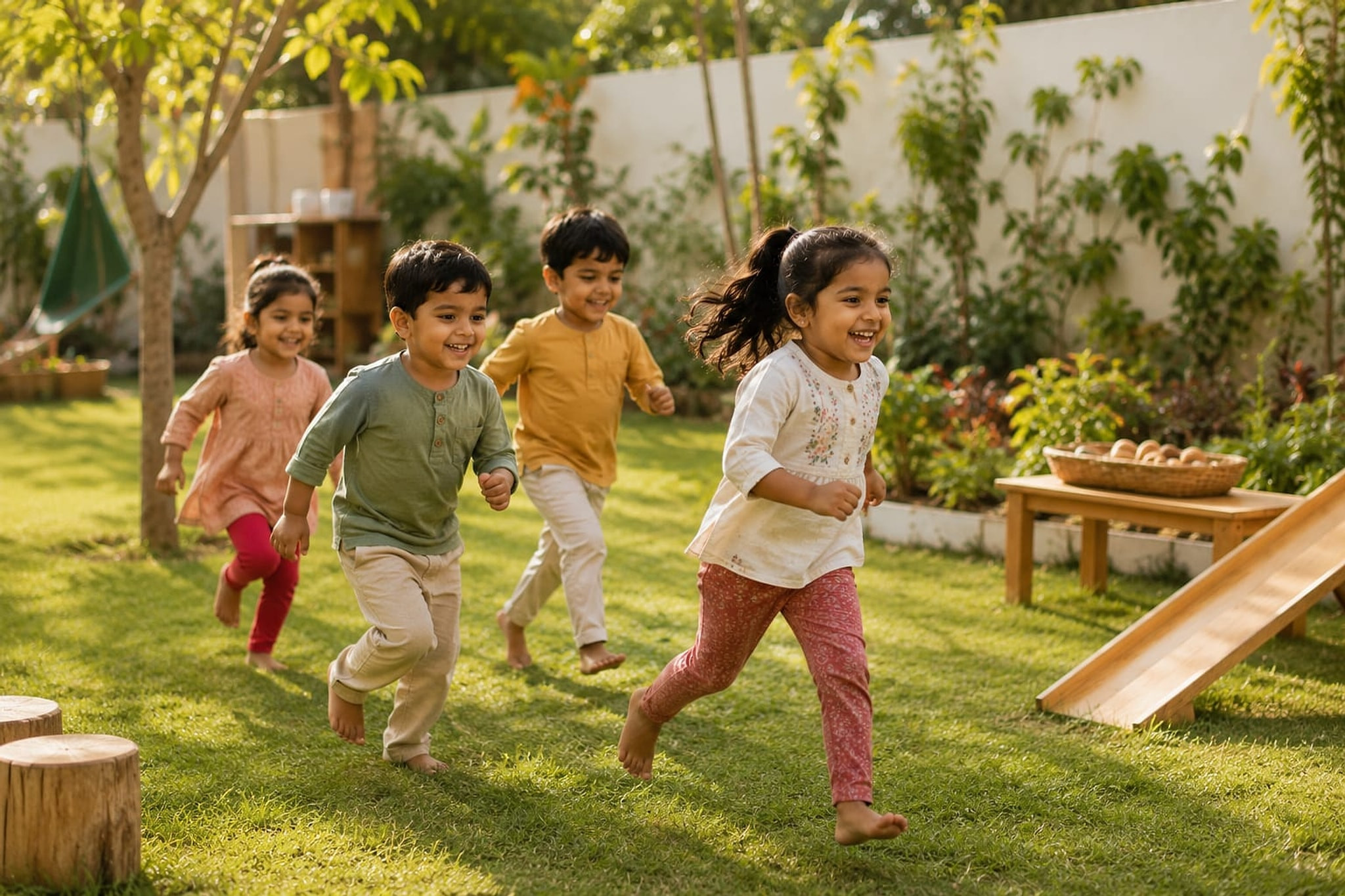 Children running through a green garden.